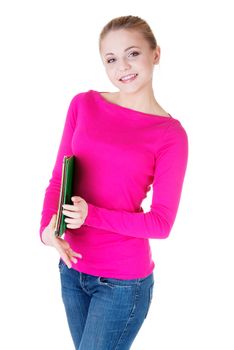 Young student woman with workbook. Isolated on white.