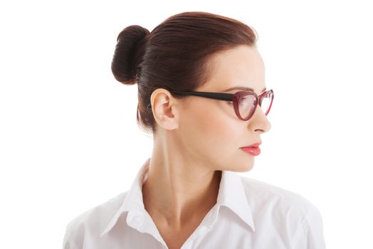 Profile of beautiful business woman with eyeglasses. Isolated on white.