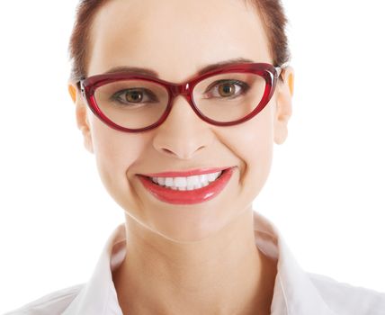 Portrait of beautiful business woman in red eyeglasses. Isolated on white.