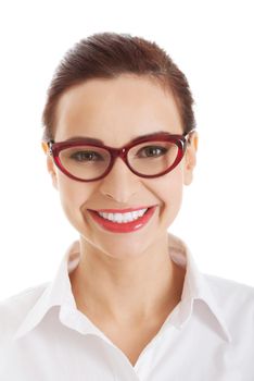 Portrait of beautiful business woman in red eyeglasses. Isolated on white.