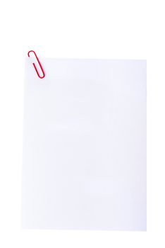 White paper with office clip. Isolated on white.