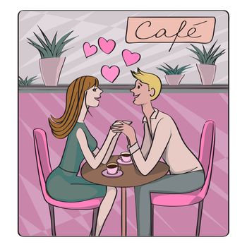 Valentine's Day, dating or honeymoon retro card, cartoon illustration of two lovers at the cafe flirting and drinking coffee