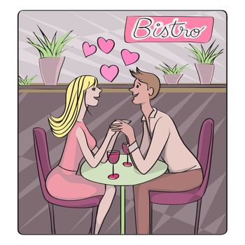 Valentine's Day, dating or honeymoon retro card, cartoon illustration of two lovers at the bistro flirting and drinking wine