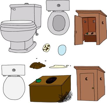Toilet and outhouse cartoons on isolated background