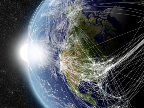 North America with network representing major air traffic routes. Elements of this image furnished by NASA.