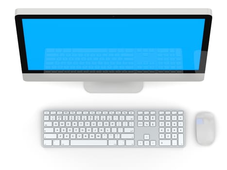 Modern desktop computer with white blank screen isolated on white background