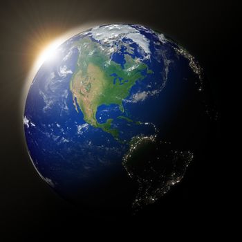 Sunset over North America on blue planet Earth. High detail planet surface with city lights. Elements of this image furnished by NASA.