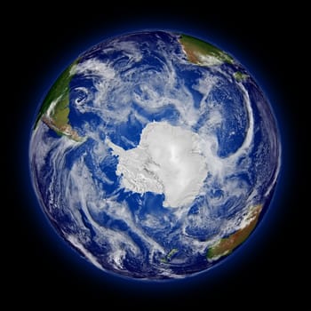 Antarctica on blue planet Earth isolated on black background. Highly detailed planet surface. Elements of this image furnished by NASA.