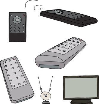 Various electronic remote controls with TV and antenna