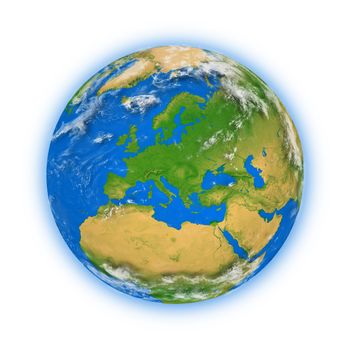 Europe on blue planet Earth isolated on white background. Highly detailed planet surface. Elements of this image furnished by NASA.