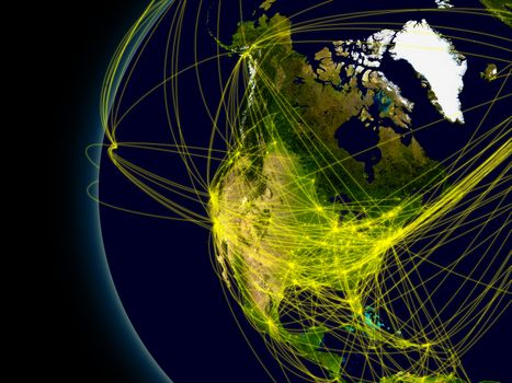 North America viewed from space with connections representing main air traffic routes. Elements of this image furnished by NASA.