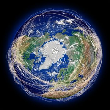 Main air travel flight paths on northern hemisphere view from above north pole. Highly detailed planet surface. Elements of this image furnished by NASA.