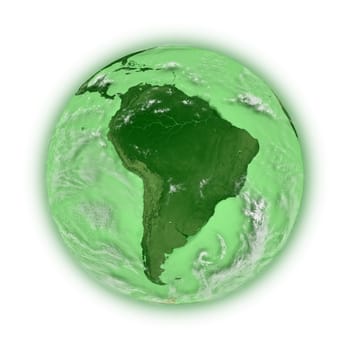 South America on green planet Earth isolated on white background. Highly detailed planet surface. Elements of this image furnished by NASA.
