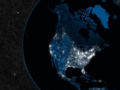 Night in North America with city lights viewed from space. Elements of this image furnished by NASA.