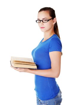 Young woman student with book. Isolated on white.