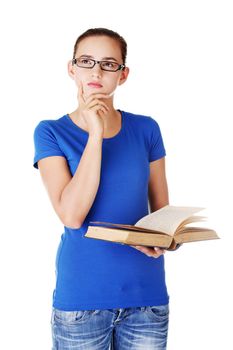 Young woman student with book. Isolated on white.