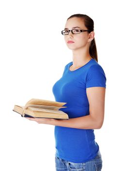 Young woman student with book. Isolated on white.