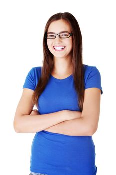 Beautiful woman smiling. Isolated on white.