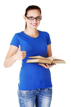 Young woman student with book. Isolated on white.