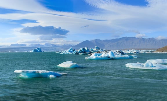 Jokulsarlon Glacier lagoon in Vatnajokull National Park, Iceland. Panorama.