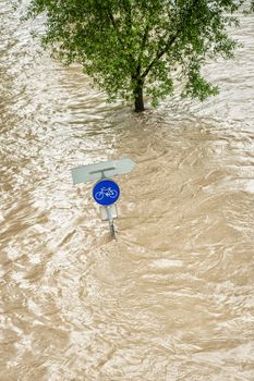 Traffic Sign under Water on the Danube River