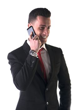 Attractive young businessman using his mobile phone, isolated on white, smiling