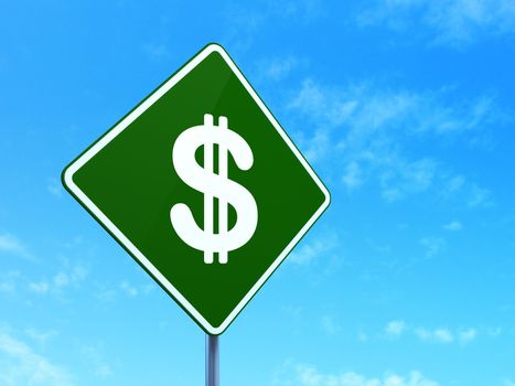 Currency concept: Dollar on green road (highway) sign, clear blue sky background, 3d render