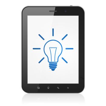 Business concept: black tablet pc computer with Light Bulb icon on display. Modern portable touch pad on White background, 3d render