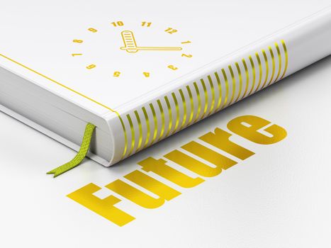 Time concept: closed book with Gold Clock icon and text Future on floor, white background, 3d render