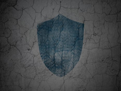 Safety concept: Blue Shield on grunge textured concrete wall background, 3d render