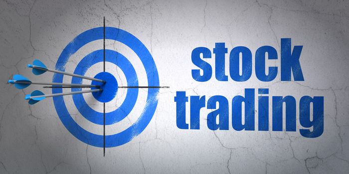 Success business concept: arrows hitting the center of target, Blue Stock Trading on wall background, 3d render