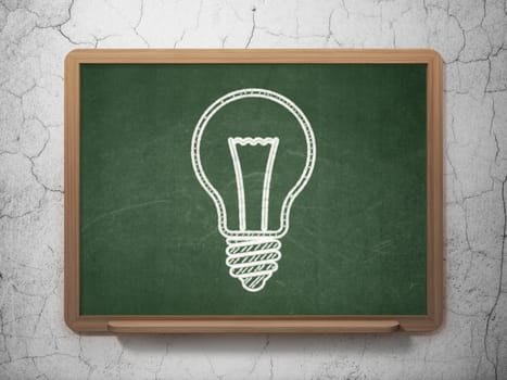 Finance concept: Light Bulb icon on Green chalkboard on grunge wall background, 3d render