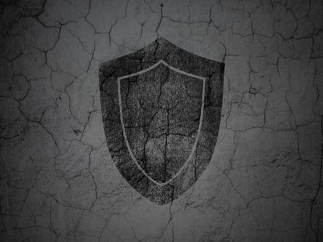 Safety concept: Black Shield on grunge textured concrete wall background, 3d render