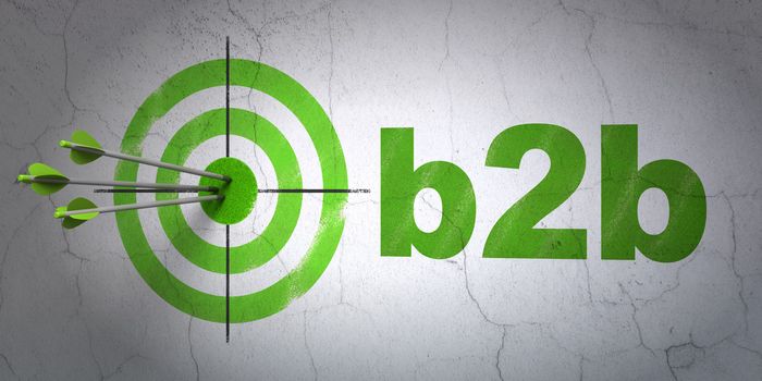 Success finance concept: arrows hitting the center of target, Green B2b on wall background, 3d render
