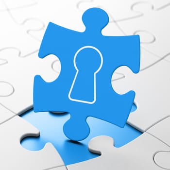 Information concept: Keyhole on Blue puzzle pieces background, 3d render