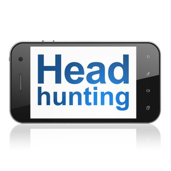 Finance concept: smartphone with text Head Hunting on display. Mobile smart phone on White background, cell phone 3d render