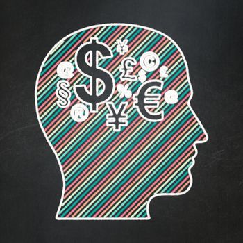 Education concept: Head With Finance Symbol icon on Black chalkboard background, 3d render