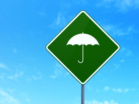 Privacy concept: Umbrella on green road (highway) sign, clear blue sky background, 3d render