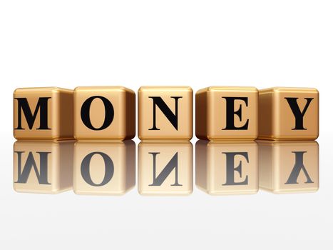 money - golden boxes with black letters over white background with reflection 
