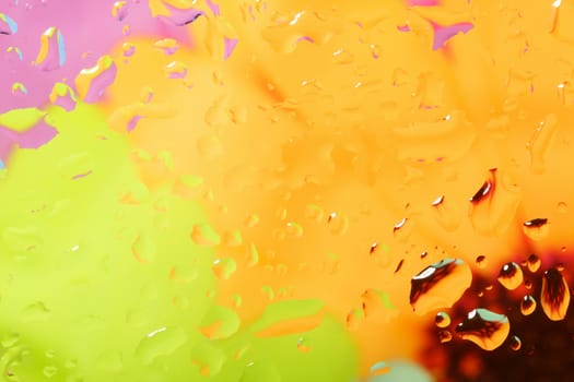 color abstract background with water drops on glass with flower in background 