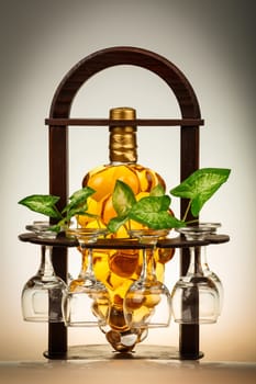 A bottle of white wine, glasses and green leaves with wignete background