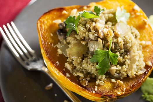 Winter Squash stuffed with quinoa, mushrooms and onions.