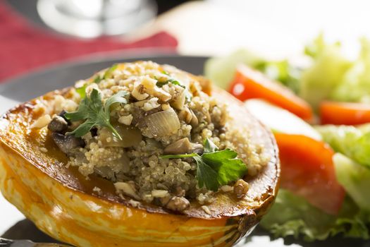 Winter Squash stuffed with quinoa, mushrooms and onions.