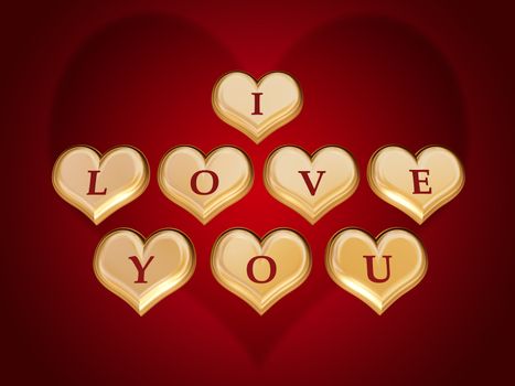 3d golden hearts, red letters, text - I love you, gradient