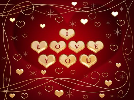 3d golden hearts, red letters, text - I love you, stars