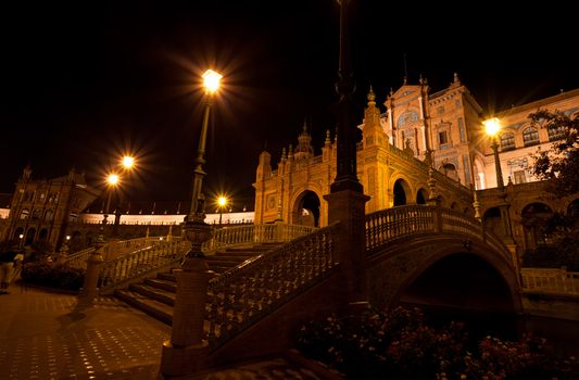 palace Plaza de Espana at night, Seville, Spain