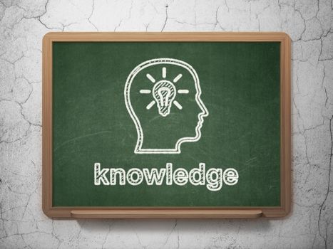Education concept: Head With Lightbulb icon and text Knowledge on Green chalkboard on grunge wall background, 3d render