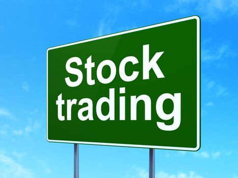 Business concept: Stock Trading on green road (highway) sign, clear blue sky background, 3d render