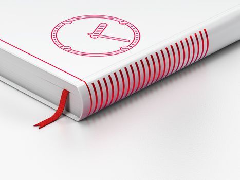 Time concept: closed book with Red Clock icon on floor, white background, 3d render