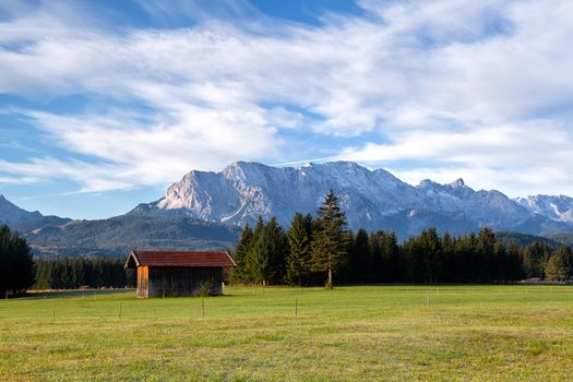 wooden hut on alpine meadows, Bavarian mountains, Germany